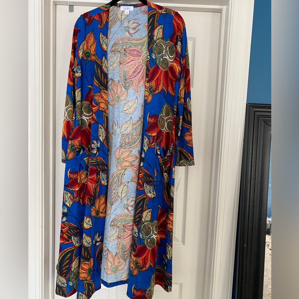 Lularoe Blue with Red Gold Floral Design Sarah Cardigan Duster Sweater Size S
